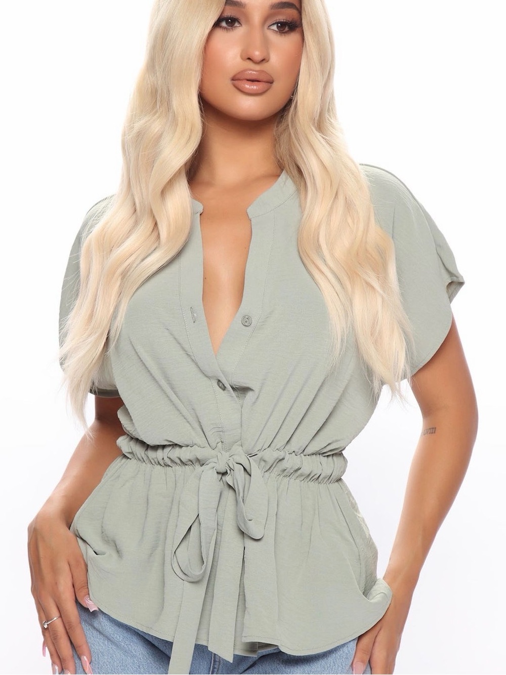 Fashion Nova Sage Green Tie-Waist Blouse